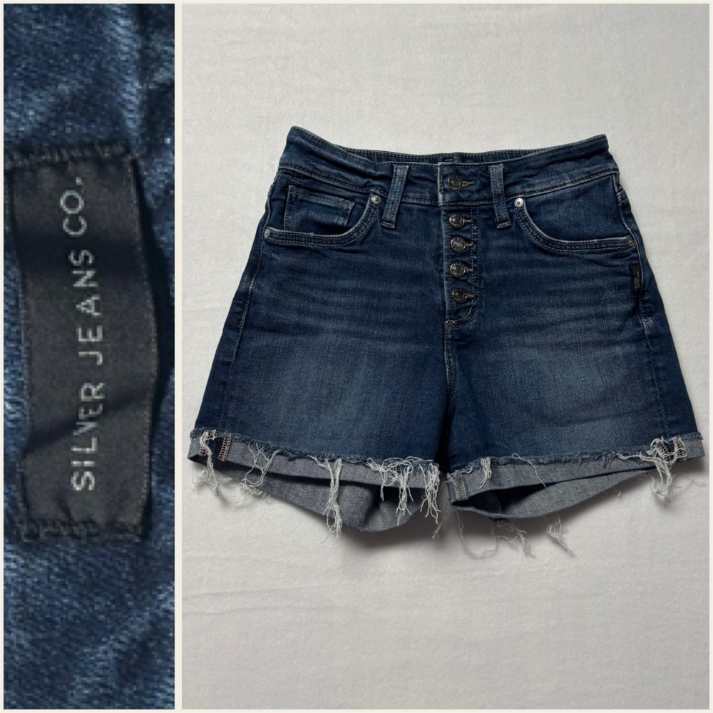 Silver Jeans Co Avery High Rise Button Fly Denim Raw Hem Distressed Blue‎ W24/L4